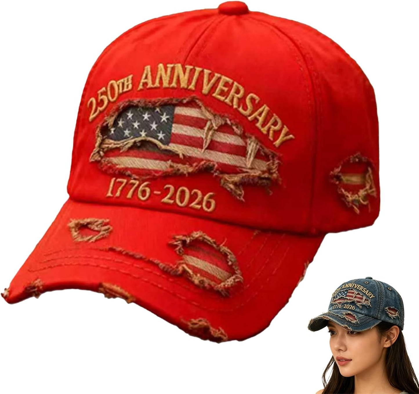 Red 250 Anniversary 1776-2026 Tattered Hat Retro Denim Baseball Hat