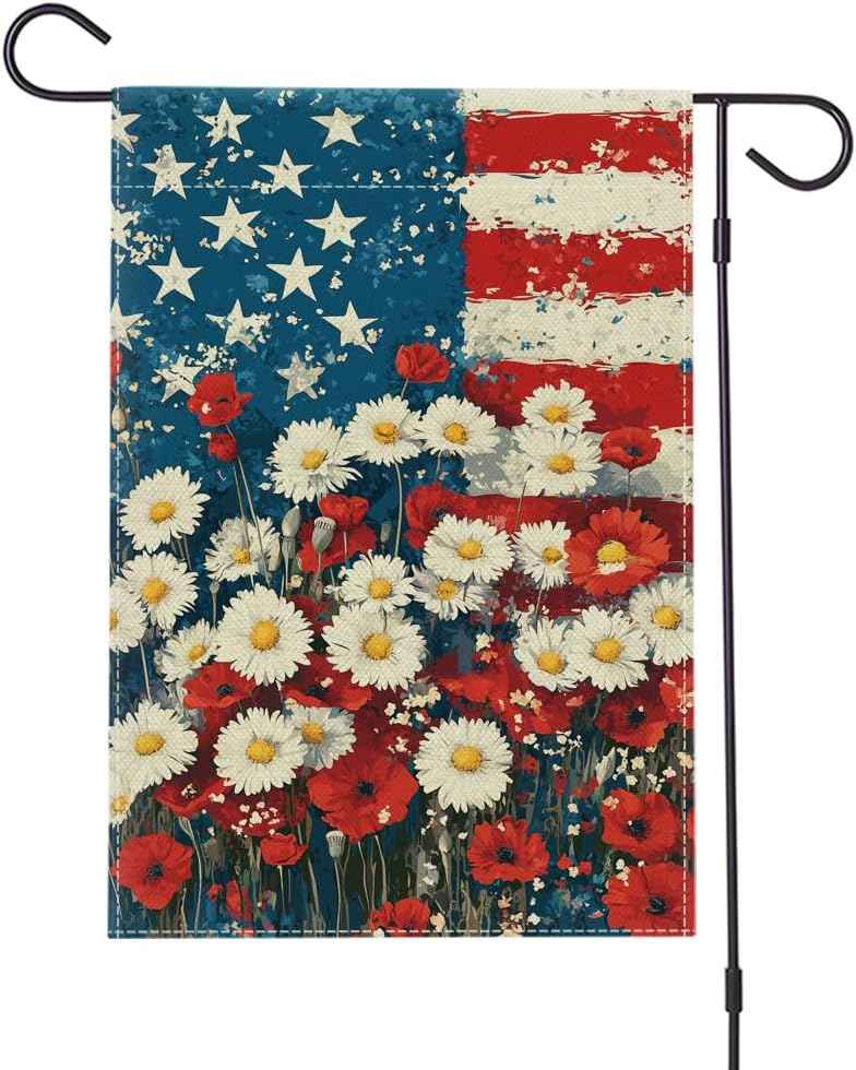 American Flag Garden Flag 12x18 Inch w/ Flowers