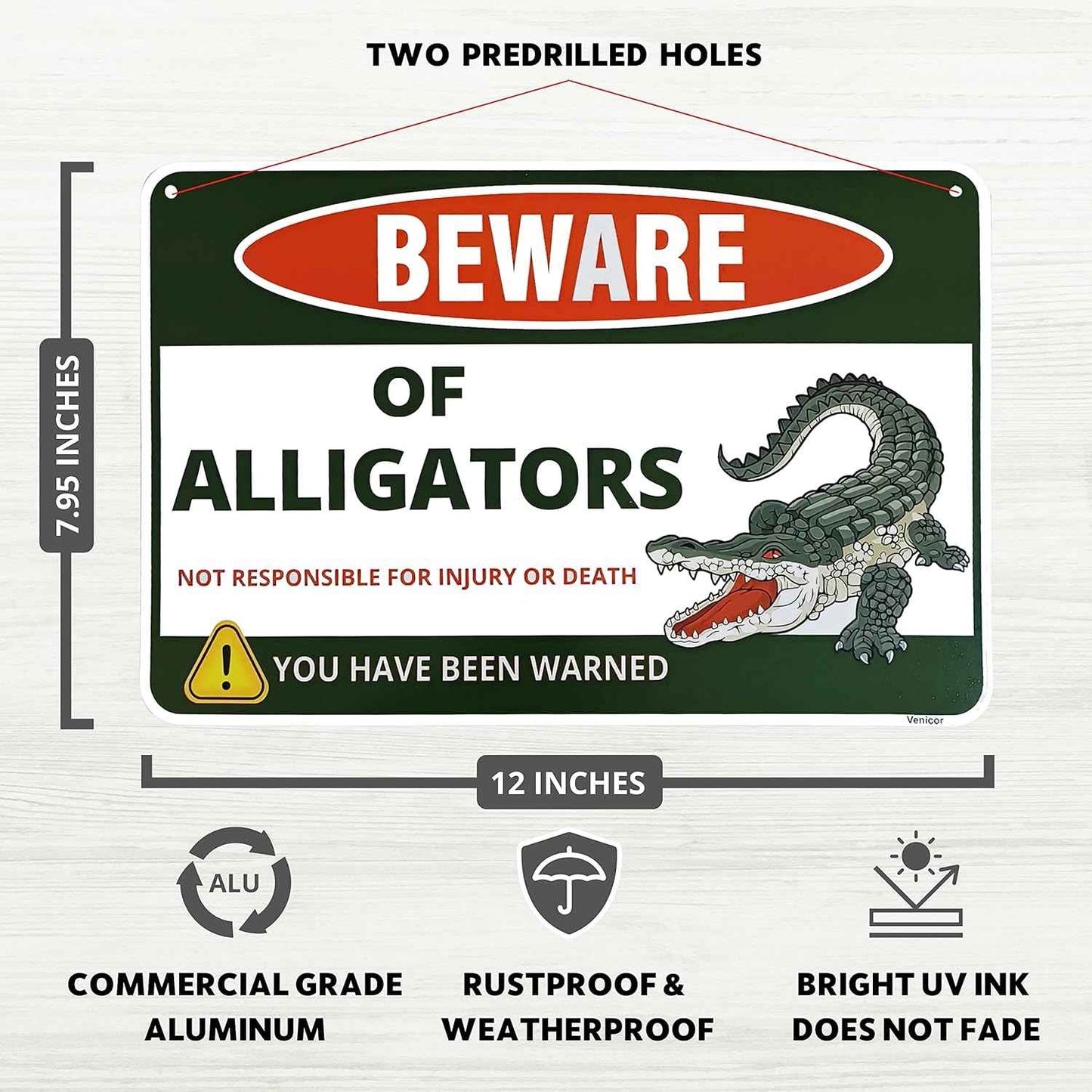 Beware Alligator Sign - 8 x 12 Inches - Aluminum