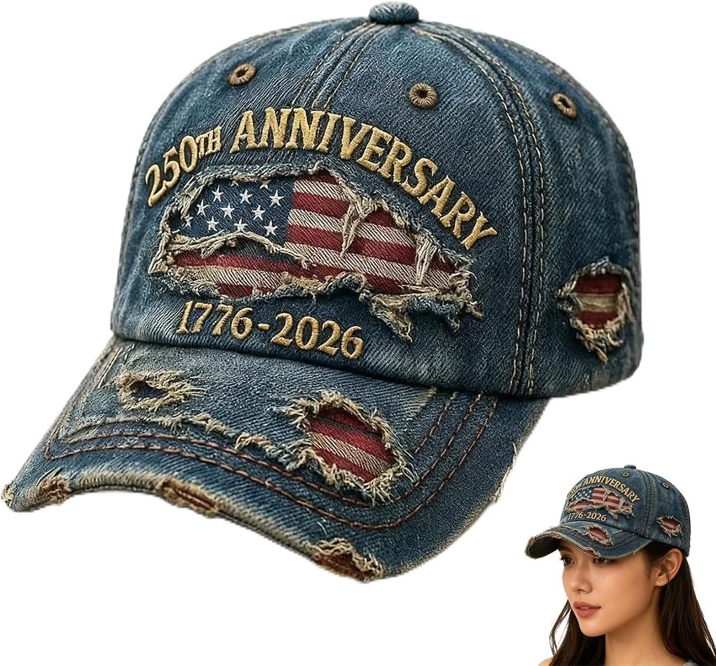 250th Anniversary 1776-2026 Retro Baseball Hat Blue Worn Tattered Denim