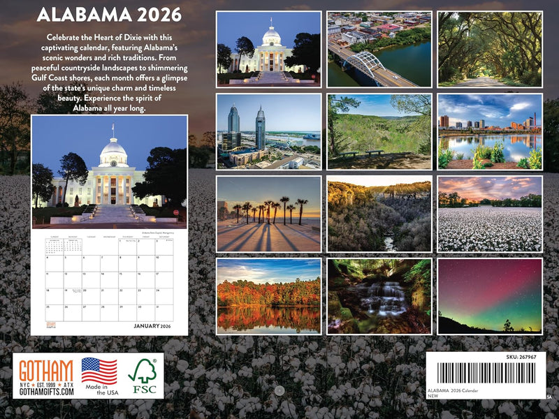 Alabama Calendar 2026 Wall 12 Month Monthly AL Scenic Souvenirs Themed Gifts American Made In The USA Newport RI 2026 main product photo