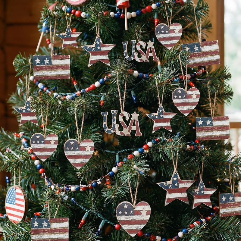 Patriotic Wooden Ornaments Red White Blue Tree Decorations Set of 24 main product photo