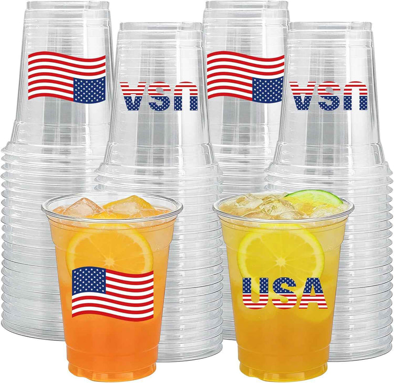 USA Flag Clear Plastic Cup Party Cups 12oz Pack of 50 product photo