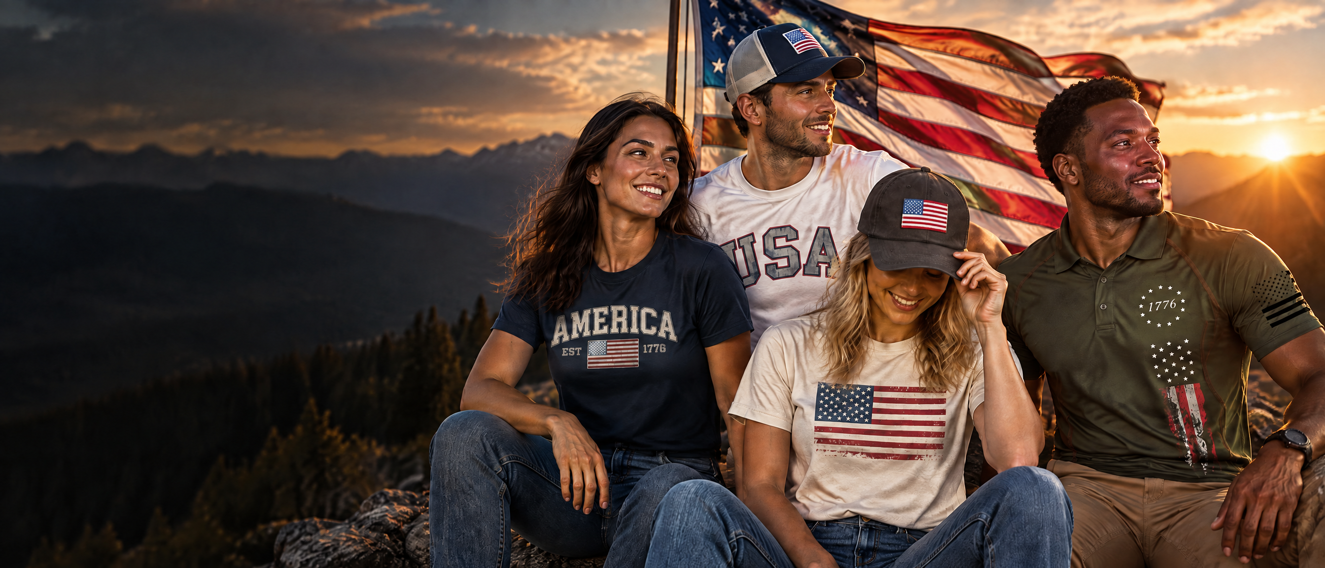 Friends wearing Official USA Store patriotic shirts and American flag hats outdoors at golden hour