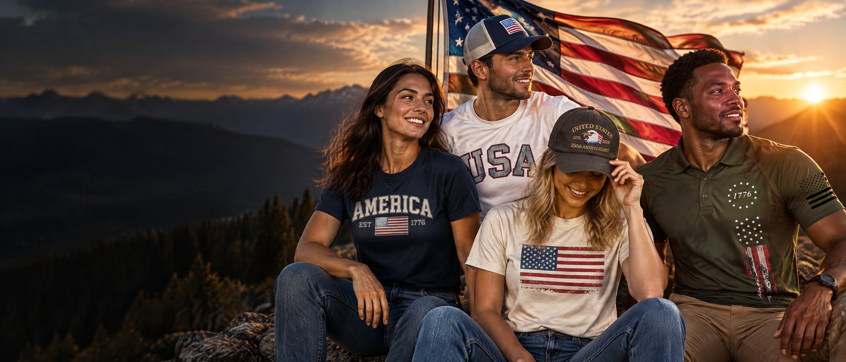 Friends wearing Official USA Store patriotic shirts and American flag hats outdoors at golden hour