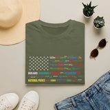 National Parks Flag T-Shirt — Colorful Badge Names (Badlands, Sequoia)