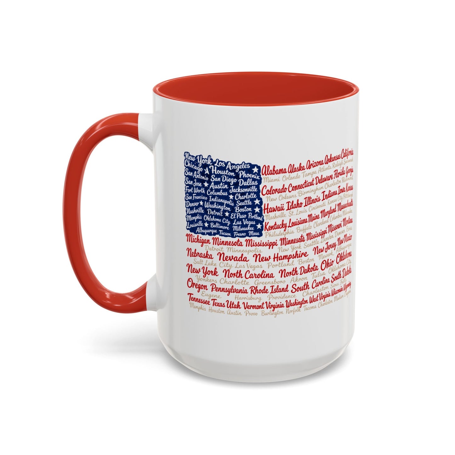 American Flag State & City Names Accent Coffee Mug — Patriotic 15oz