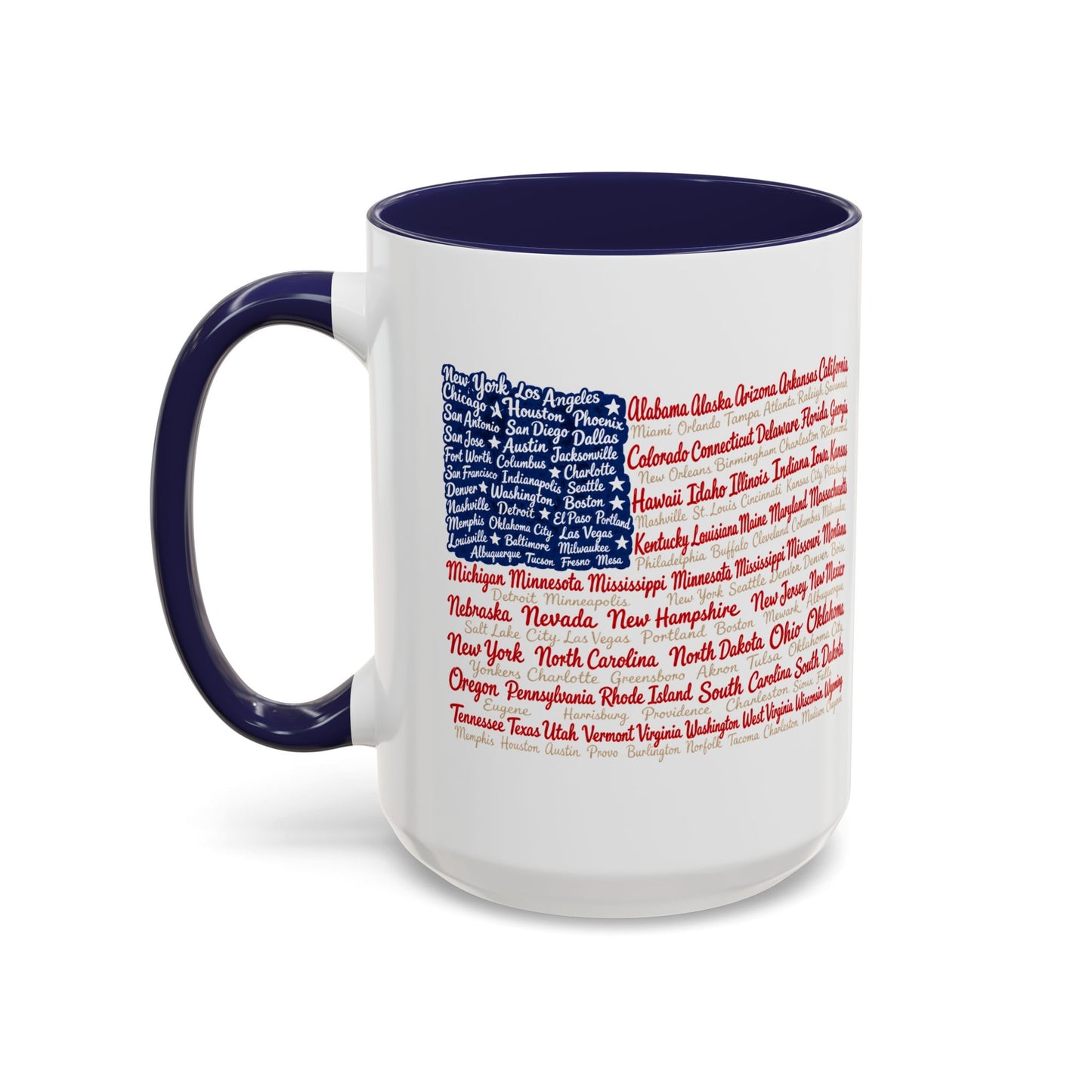American Flag State & City Names Accent Coffee Mug — Patriotic 15oz
