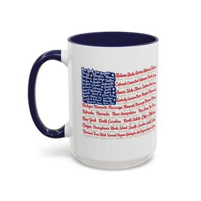 American Flag State & City Names Accent Coffee Mug — Patriotic 15oz