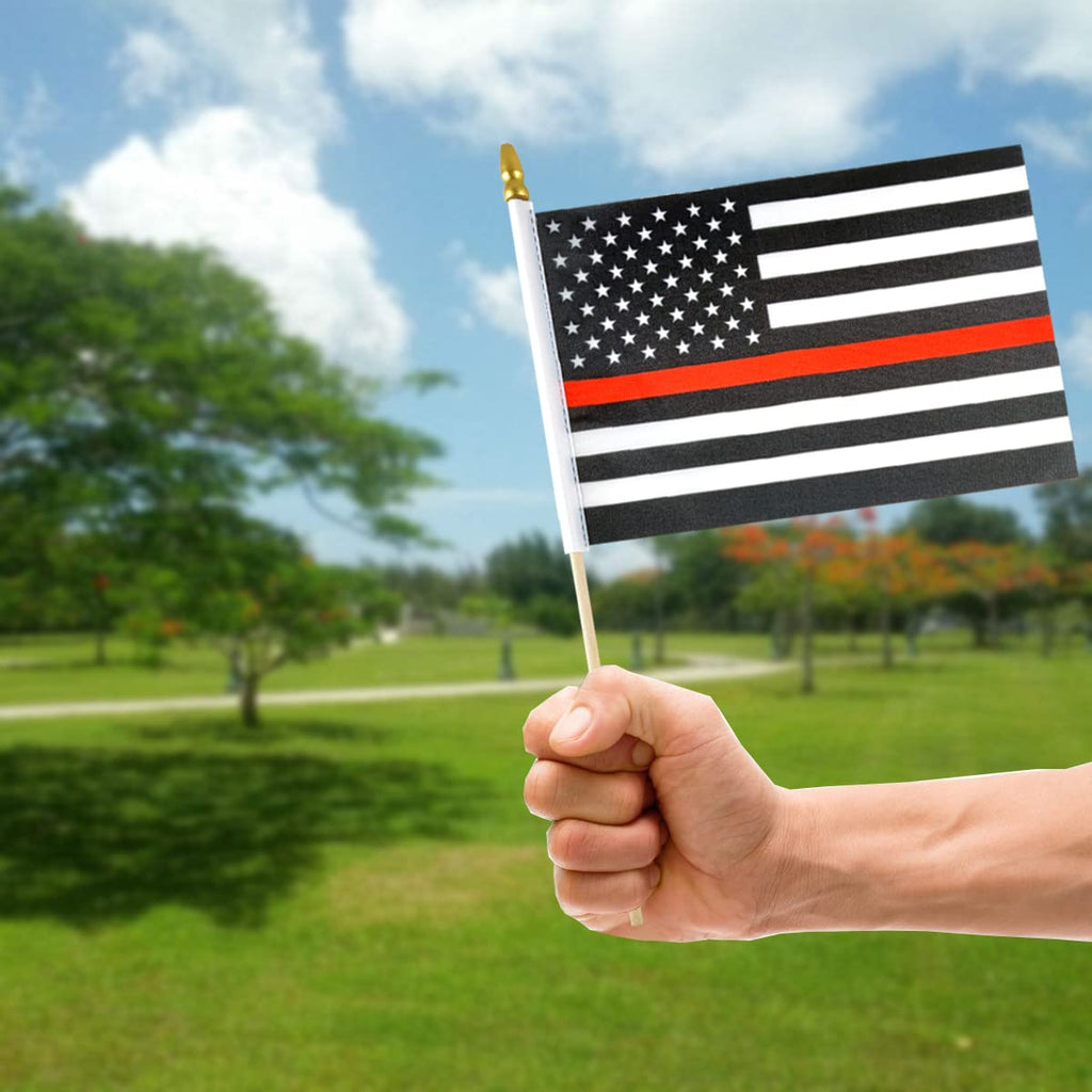 12-Pack Thin Red Line Firefighter Handheld Flags with Wooden Poles product photo