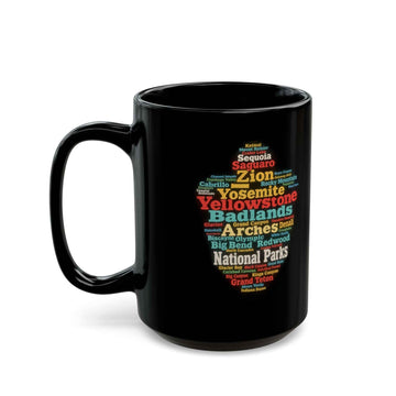 National Parks Word Cloud Mug — Black Ceramic Coffee Cup (11oz & 15oz)