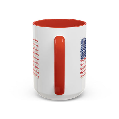 American Flag State & City Names Accent Coffee Mug — Patriotic 15oz