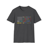 National Parks Flag T-Shirt — Colorful Badge Names (Badlands, Sequoia)
