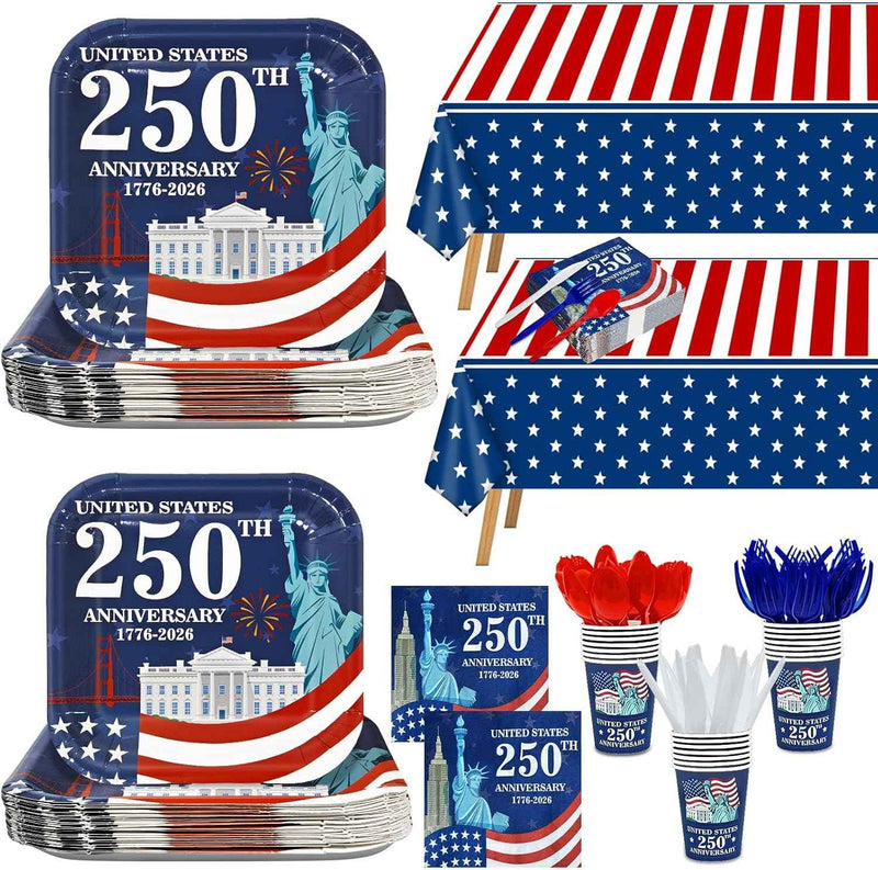 170 Pieces USA Statue of Liberty 250th Anniversary Plates Napkins Cups Knives Forks Spoons Tablecloths product photo