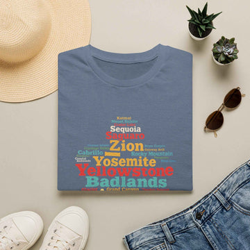 National Parks Word-Cloud T-Shirt — Yosemite, Yellowstone, Zion, Sequoia