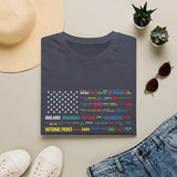 National Parks Flag T-Shirt — Colorful Badge Names (Badlands, Sequoia)