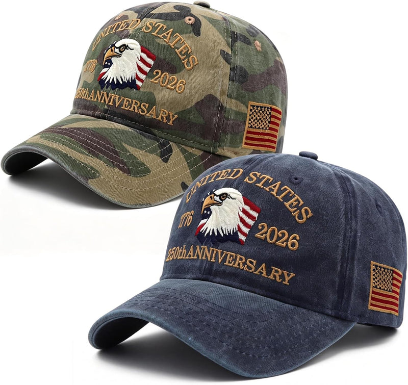 2 Pack USA 250th Anniversary Patriotic Embroidered Baseball Hats 1776 2026 product photo