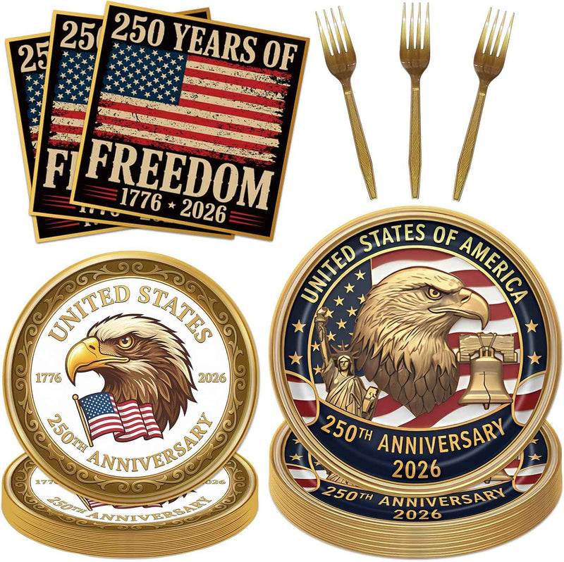 250 Years of Freedom American Flagand Bald Eagle Paper Plates Napkins Forks product photo
