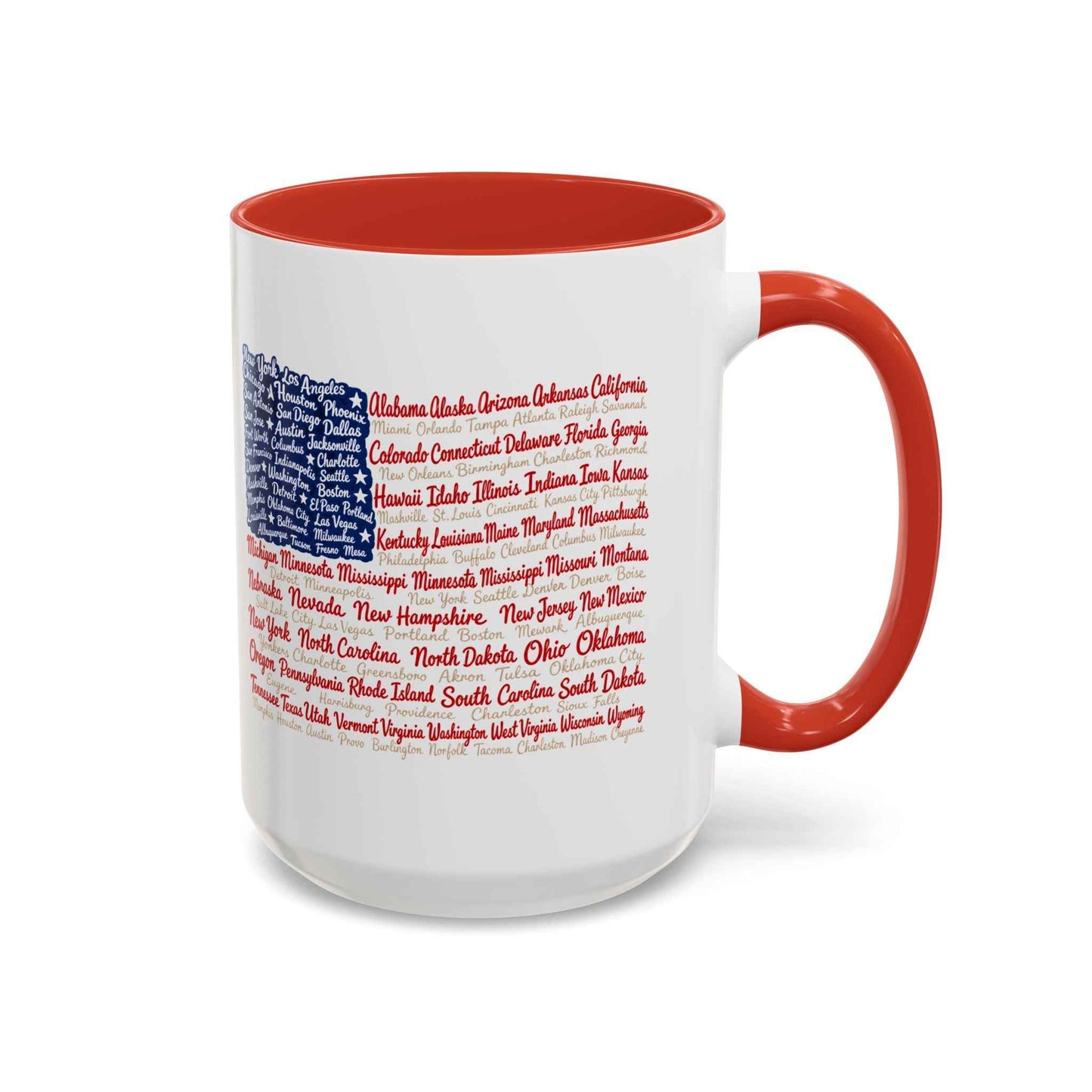 American Flag State & City Names Accent Coffee Mug — Patriotic 15oz