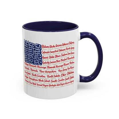 American Flag State & City Names Accent Coffee Mug — Patriotic 15oz