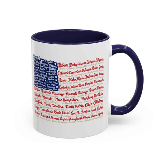 American Flag State & City Names Accent Coffee Mug — Patriotic 15oz