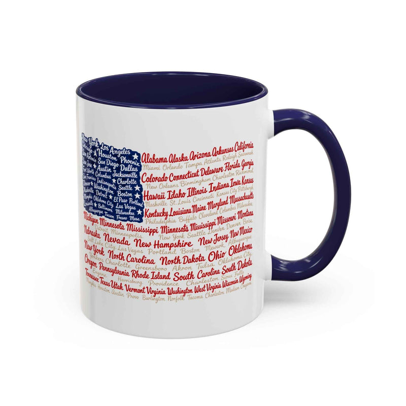American Flag State & City Names Accent Coffee Mug — Patriotic 15oz