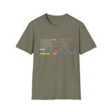 National Parks Flag T-Shirt — Colorful Badge Names (Badlands, Sequoia)