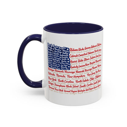 American Flag State & City Names Accent Coffee Mug — Patriotic 15oz