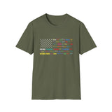 National Parks Flag T-Shirt — Colorful Badge Names (Badlands, Sequoia)