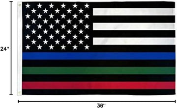 Thin Blue Green Red Line American Flag - High Quality 100D - 2x3' Flag - Support Your Police, Fire Fighters, Military