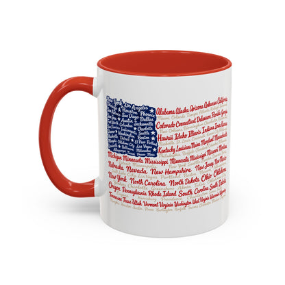 American Flag State & City Names Accent Coffee Mug — Patriotic 15oz