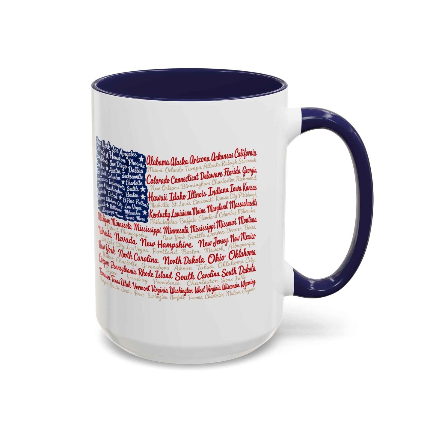 American Flag State & City Names Accent Coffee Mug — Patriotic 15oz