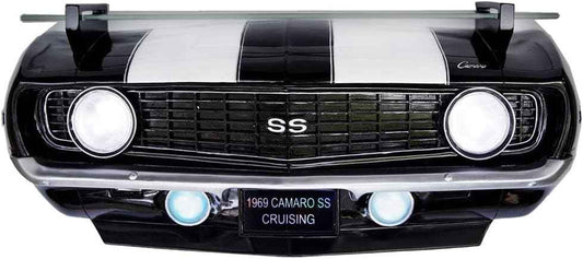 1969 Chevy Camaro Ss Black White Stripes Floating Wall Shelf Tempered Glass, Battery Operated LED Headlights