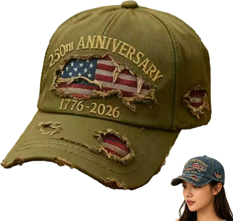 Green 250th Anniversary 1776-2026 Tattered Denim Baseball Hat