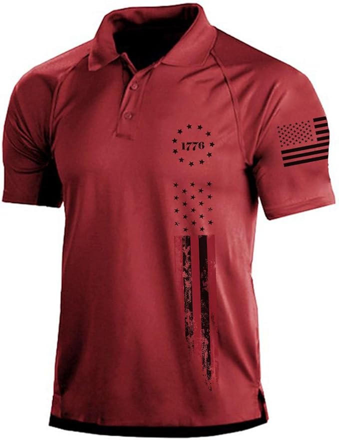 1776 American Flag Short Sleeve Polo Golf Shirt (S-3XL) Red