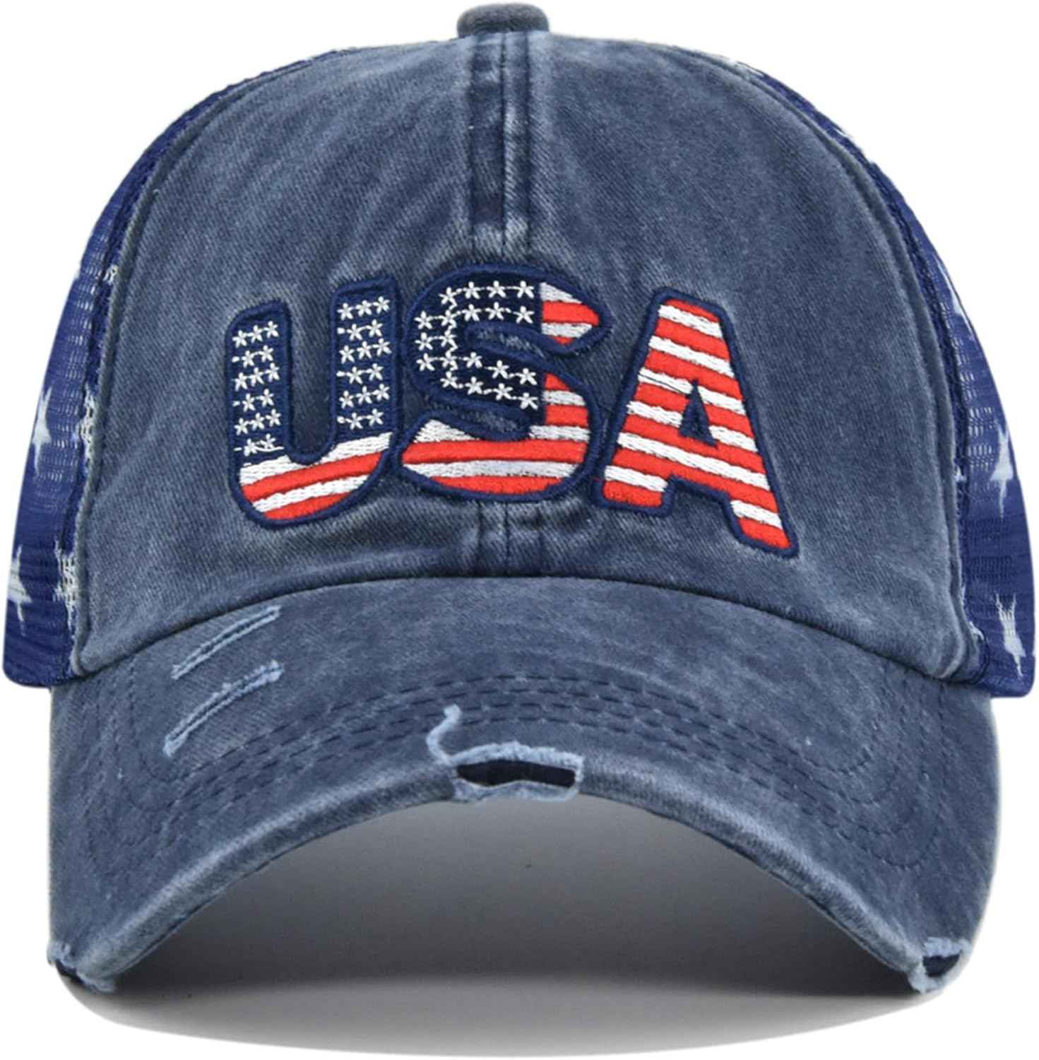 USA Embroidered Distressed Hat Mesh-Back Stars Adjustable Blue