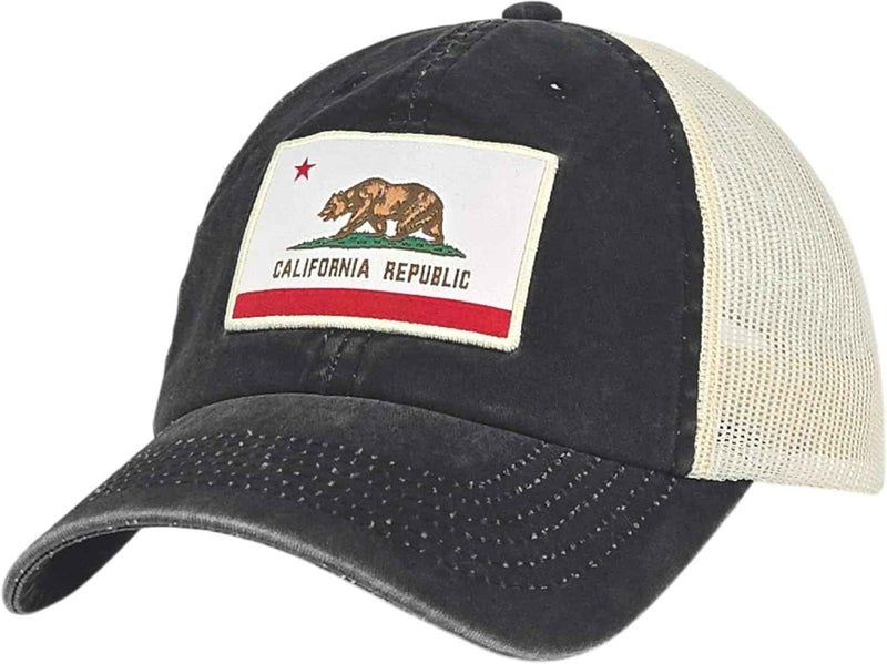 Classic California Republic Flag Woven Label Vintage Trucker Hat, Cali Bear Soft Mesh Back Hat Snapback Unisex Black - Cream