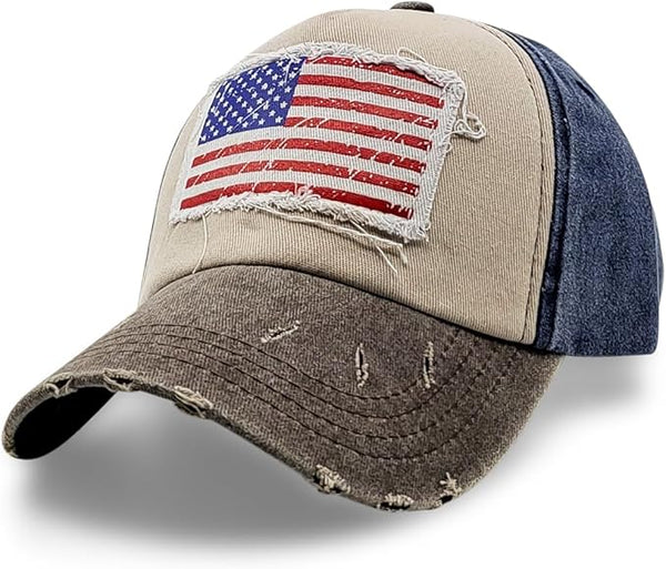 Vintage Distressed American Flag Patch Baseball Hat USA Blue Brown
