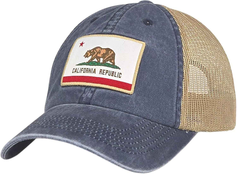 Classic California Republic Flag Woven Label Vintage Trucker Hat, Cali Bear Soft Mesh Back Hat Snapback Unisex Navy-khaki