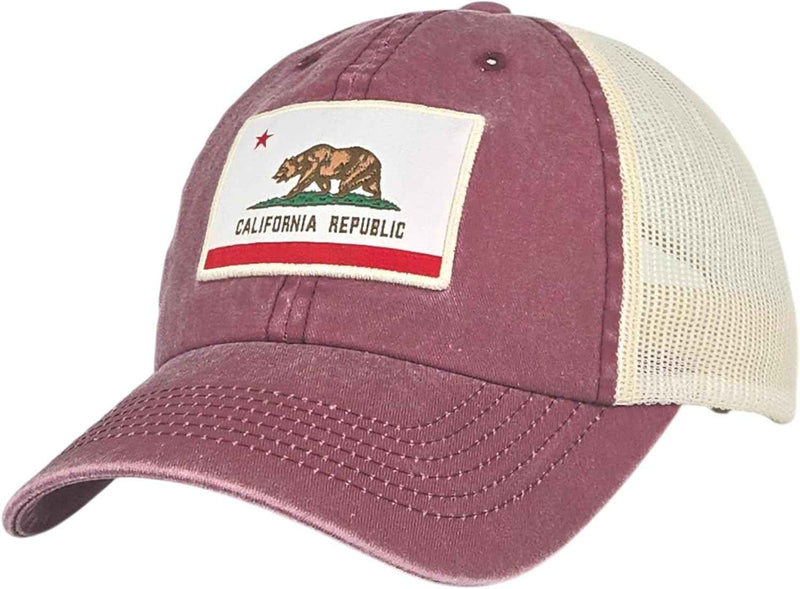 Classic California Republic Flag Woven Label Vintage Trucker Hat, Cali Bear Soft Mesh Back Hat Snapback Unisex Burgundy-cream