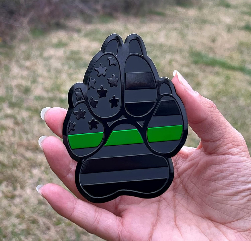 American Metal Flag Dog Paw K9 Unit Auto Fender Emblem for Cars Trucks (3"x4", Black with Green Line)