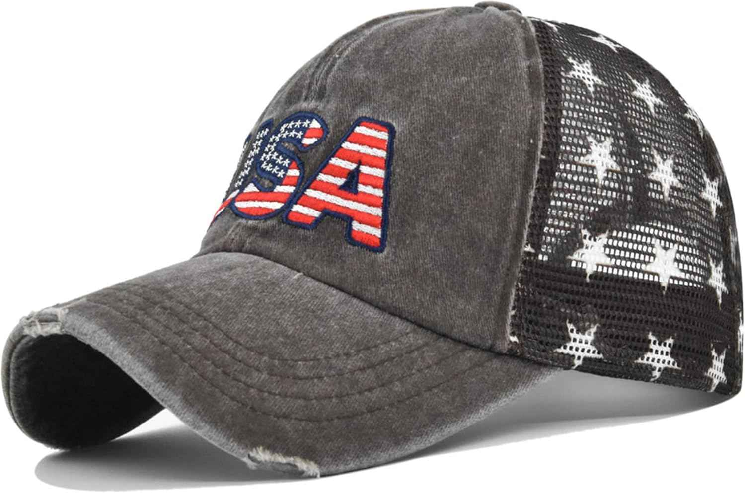 USA Embroidered Distressed Hat Mesh-Back Stars Adjustable Grey