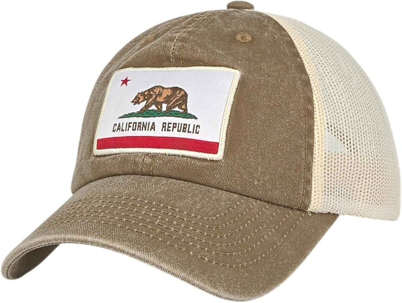 Classic California Republic Flag Woven Label Vintage Trucker Hat, Cali Bear Soft Mesh Back Hat Snapback Unisex Camel-cream