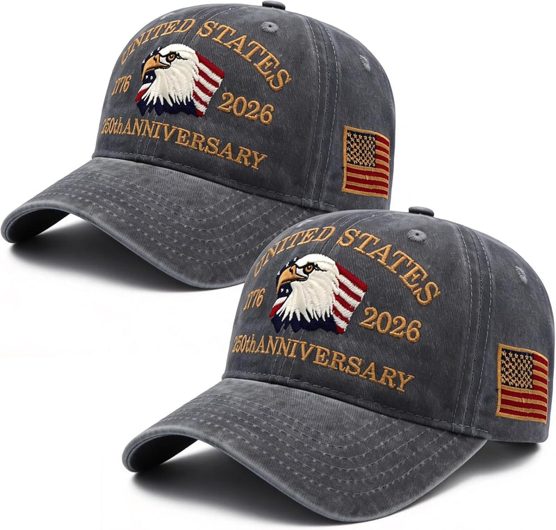 2 Pack Grey United States 1776-2026 250th Anniversary Embroidered Baseball Hats