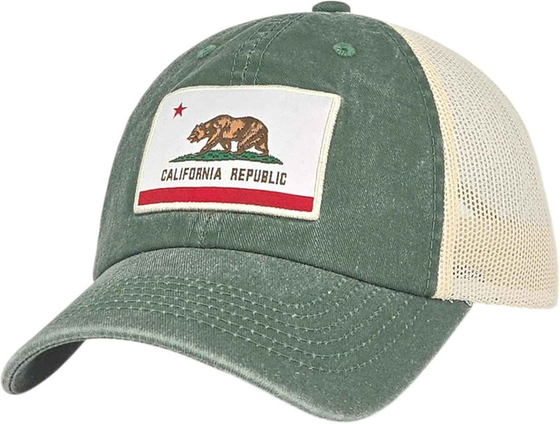 Classic California Republic Flag Woven Label Vintage Trucker Hat, Cali Bear Soft Mesh Back Hat Snapback Unisex Dark Green-cream