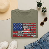 National Parks American Flag T-Shirt — Vintage US Parks List Tee (Yellowstone, Zion, Glacier, Big Bend)