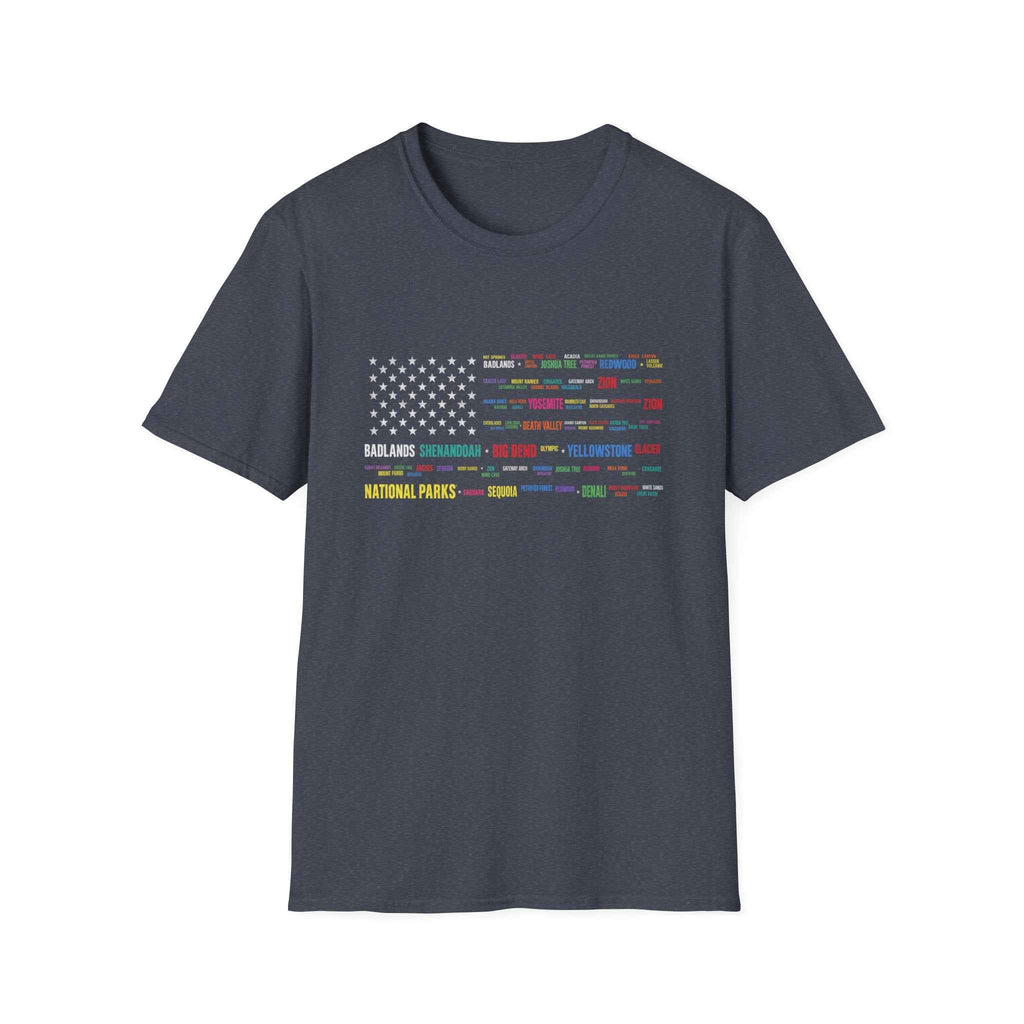 National Parks Flag T-Shirt — Colorful Badge Names (Badlands, Sequoia)