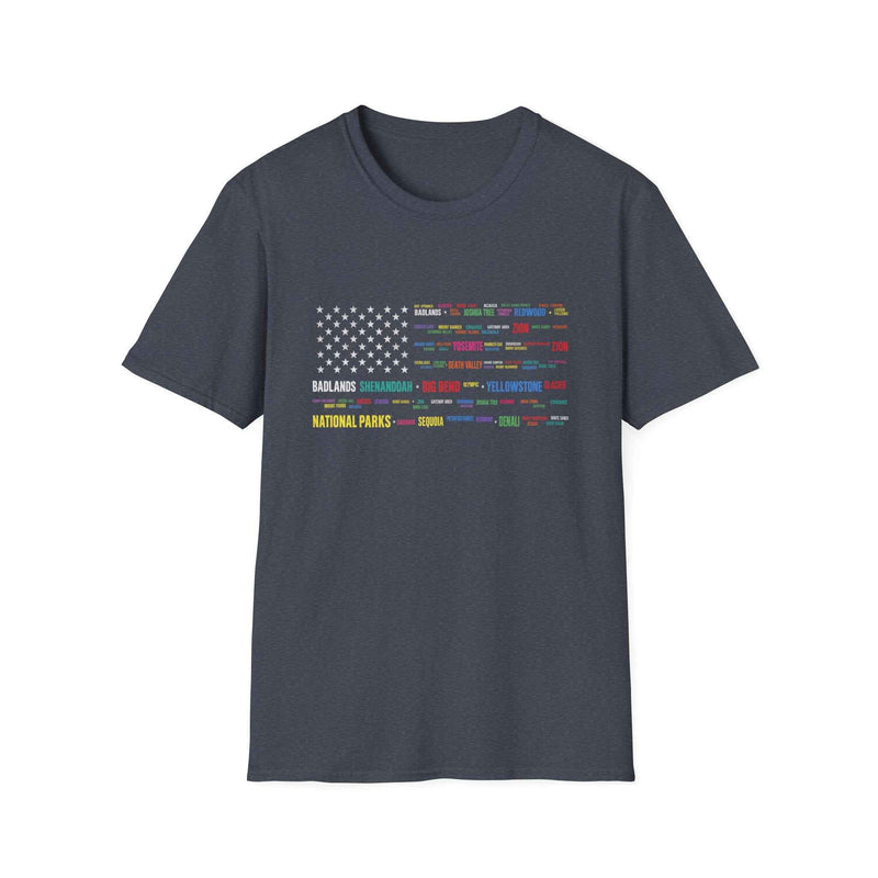 National Parks Flag T-Shirt — Colorful Badge Names (Badlands, Sequoia)
