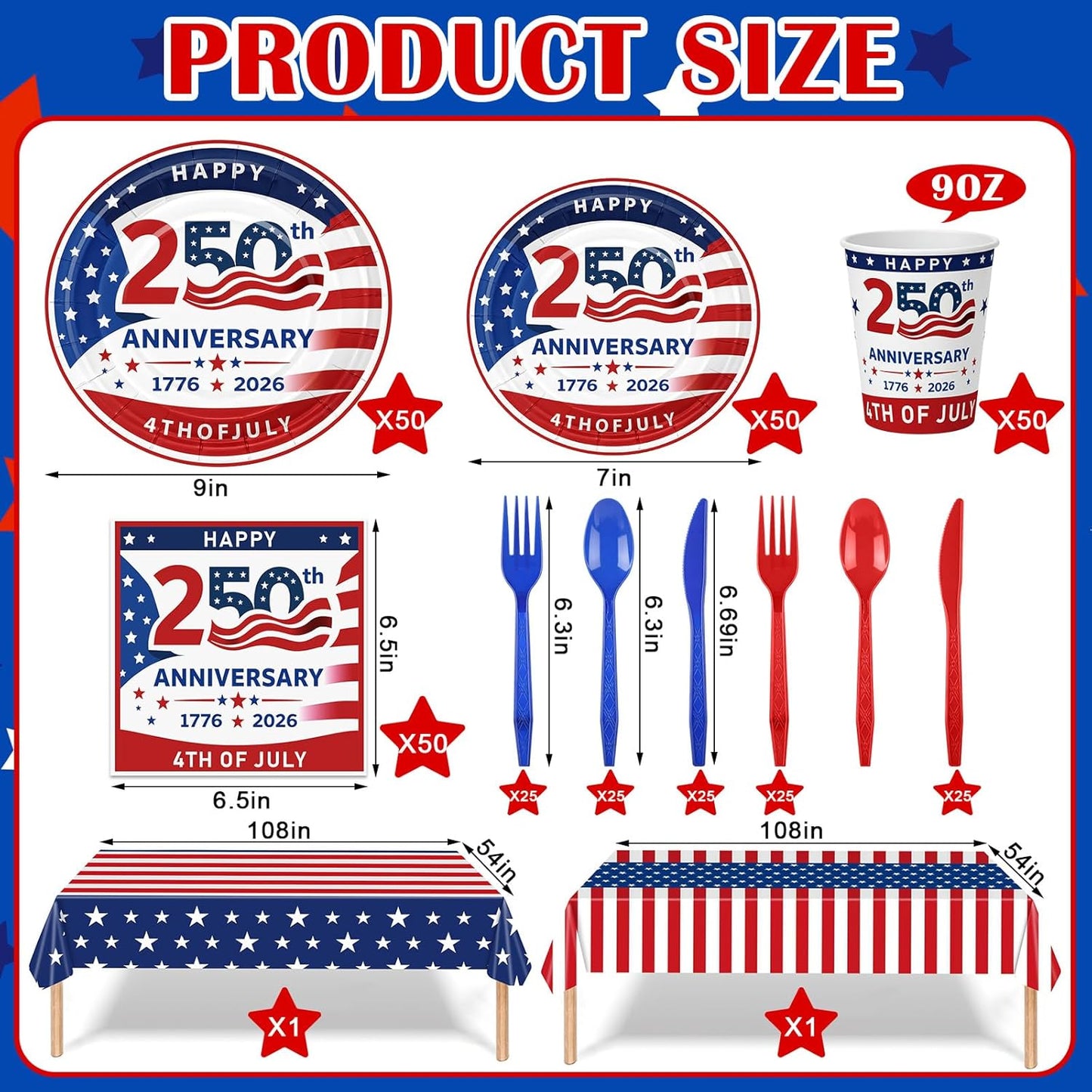 USA 250th Anniversary Disposable Paper Plates and Napkins Set - Serves 25