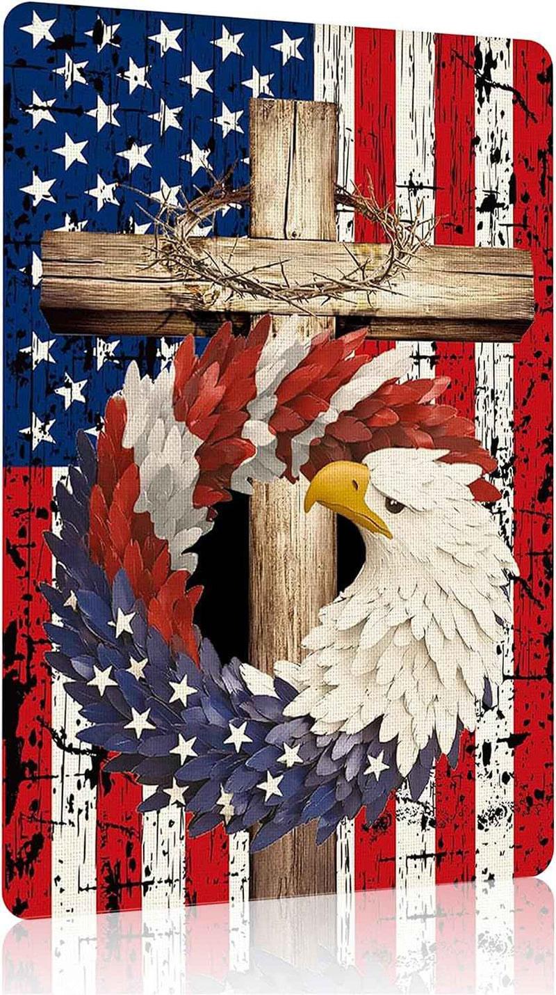 American Flag w/ Eagle and Cross Tin Sign 8 X 12 Inch